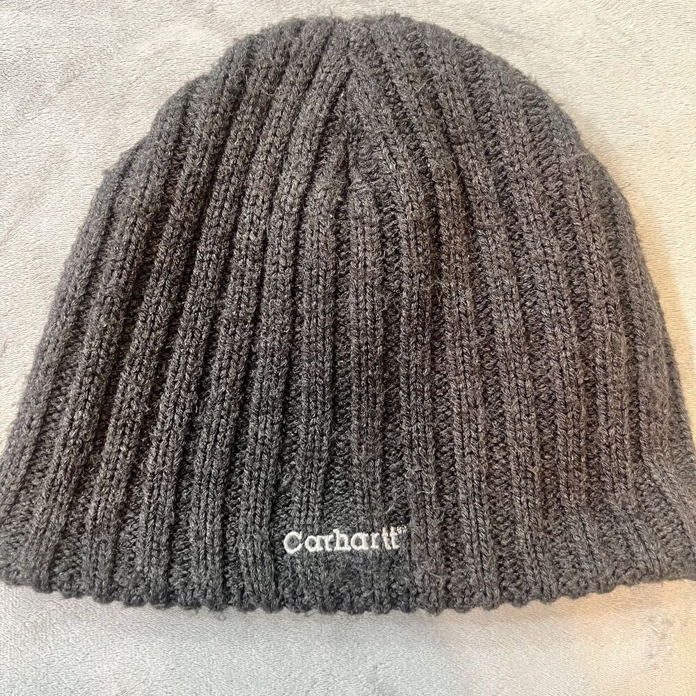 Carhartt Fleece Lined Ribbed Knit Beanie Hat Dark Gray Charcoal Winter Cap